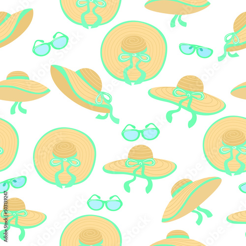 Seamless pattern with women summer hat. Vector illustration on theme pattern women sun hats.