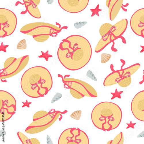 Seamless pattern with women summer hat. Vector illustration on theme pattern women sun hats.