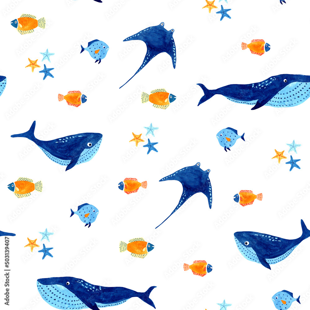 Pattern sea animals isolated on white background. Perfect for wallpaper