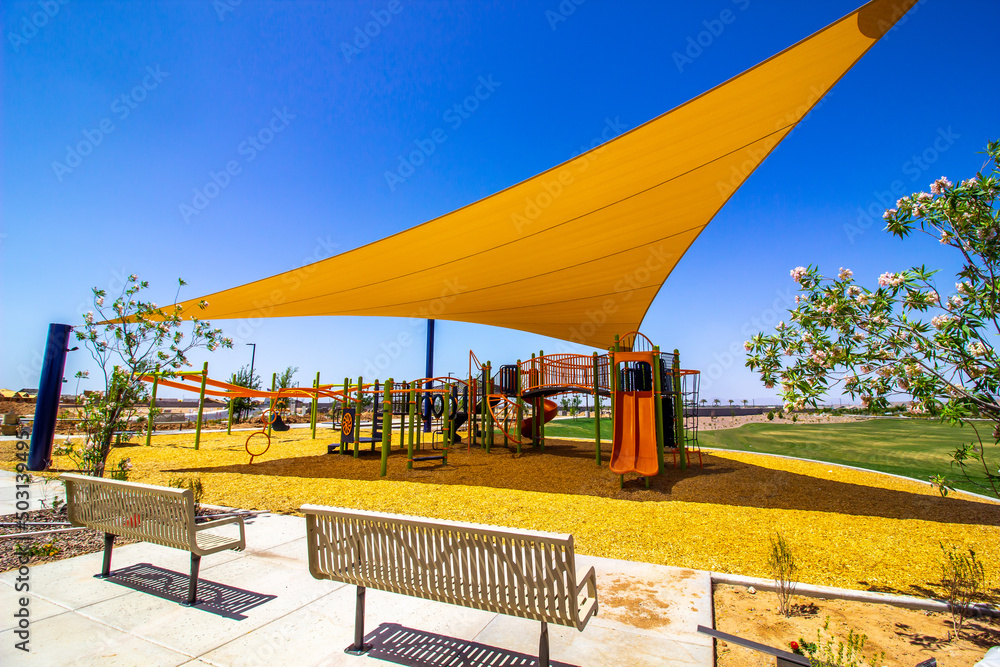 Children's Play Area With Stretched Canopy For Shade Children's Play Area With Stretched Canopy For Shade