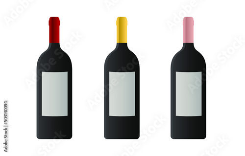 Set of red, white and rose wine bottles and glasses with blank labels. Bottle of red, white and rose wine, vector illustrations
