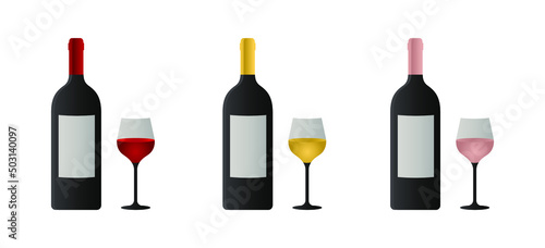 Set of red, white and rose wine bottles and glasses with blank labels. Bottle and glass of red, white and rose wine, vector illustrations