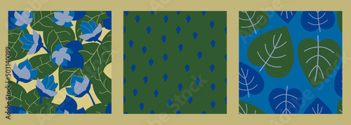 Set of floral seamless patterns. Vector backgrounds with flowers, leaves and dotted.