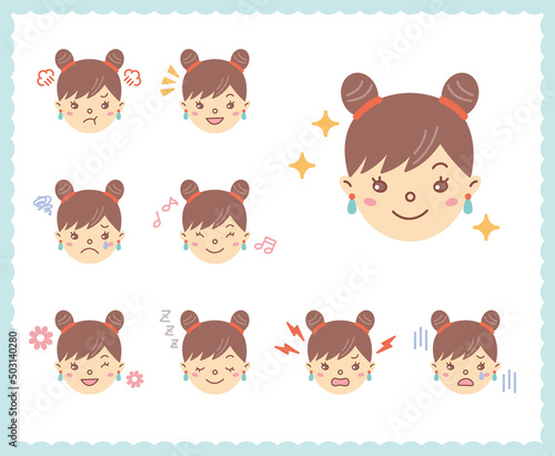 女性の喜怒哀楽の感情　顔アイコン　セット84