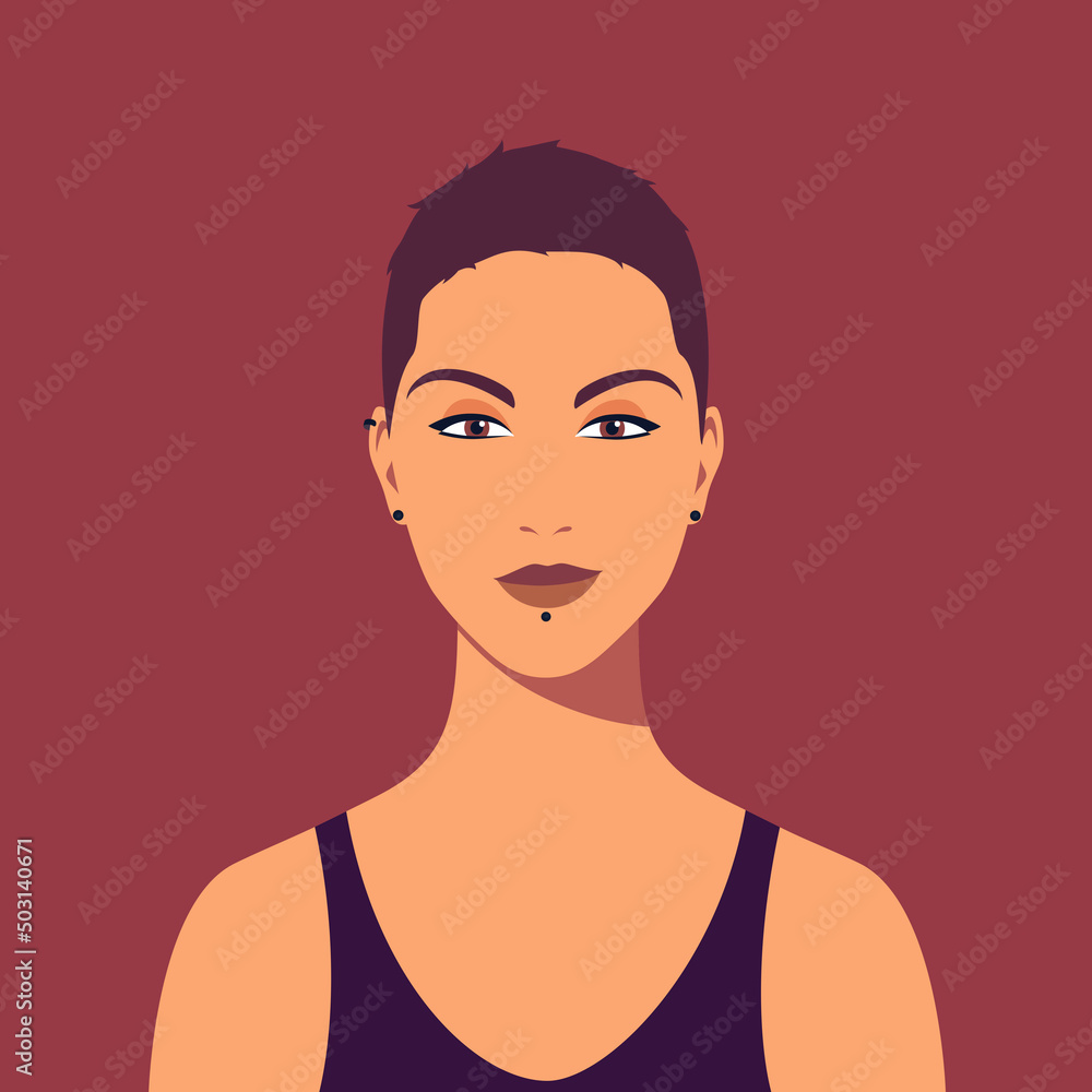 Young woman with short hairstyles and piercing. Portrait of beautiful informal. Avatar of girl for social networks. Abstract female portrait, full face. Stock vector illustration in flat style. Young woman with short hairstyles and piercing. Portrait of beautiful informal. Avatar of girl for social networks. Abstract female portrait, full face. Stock vector illustration in flat style.
