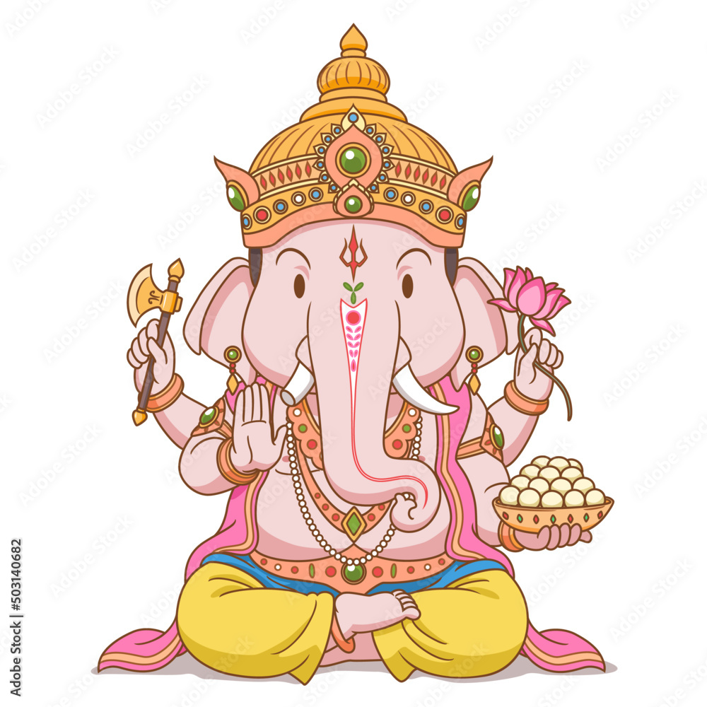 Cartoon character of Ganesha sitting in lotus pose.