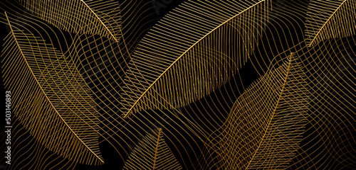 golden leaves texture on the black backdrop. dark wallpaper artistic design for stylish decoration. Unique and smart Abstract Art