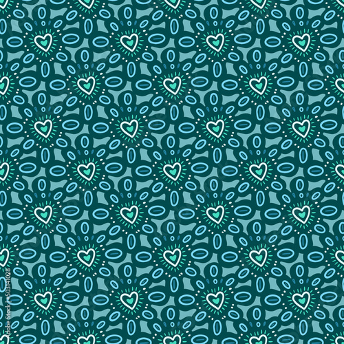 Vector seamless pattern with turquoise hearts. Pattern in folk style.