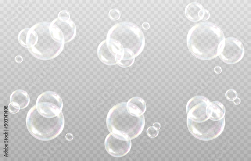 Vector soap bubble. Realistic soap bubble png, glare. Foam bubbles png. Powder, soap, detergent. Vector image.