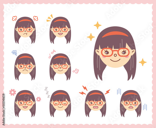 女性の喜怒哀楽の感情　顔アイコン　セット85