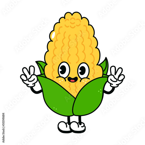 Cute funny corn waving hand character. Vector hand drawn traditional cartoon vintage, retro, kawaii character illustration icon. Isolated on white background. Corn character