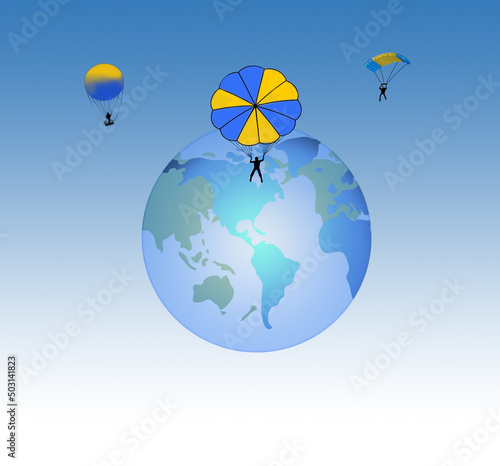 Refugees go down from Ukraine on parachutes above world