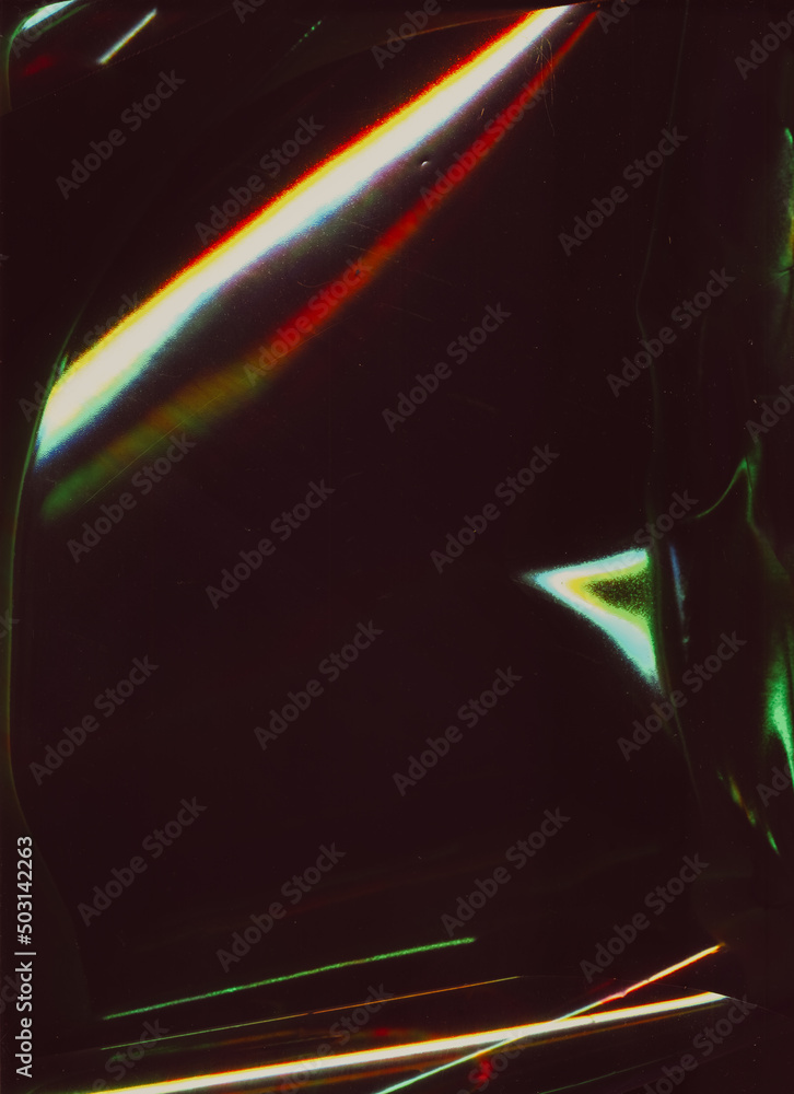 Old film overlay. Light flare noise. Retro effect filter. Neon red green white color glitch glow dust scratches defect on dark black abstract background. - obrazy, fototapety, plakaty 
