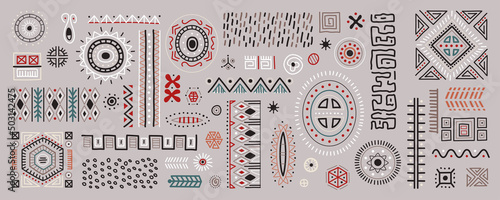 African art decoration tribal geometric shapes set. Isolated colored flat vector boho symbols illustrations. Ancient indian shapes and animal print doodles.