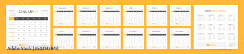 2023 Calendar square template design. Week starts on Sunday yellow square calendar for business. Desktop planner in simple clean style. Corporate or office calendar. English vector calendar layout.
