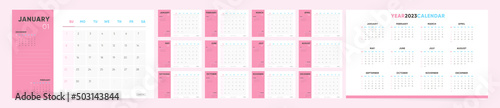 2023 Calendar template design. Week starts on Sunday pink office calendar for businesswoman. Desktop planner in simple clean style. Corporate or business calendar. English vector calendar layout.