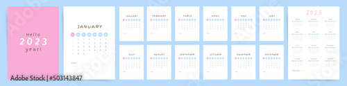 2023 wall calendar template design. Ready to use cute pink personal calendar and planner with place for notes. Vector vertical 12 months 2023 calendar. Starts on Sunday.