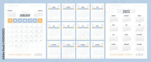2023 Calendar template design. Week starts on Sunday black and blue calendar for businessman. Desktop planner in simple clean style. Corporate or business calendar. English vector calendar layout.