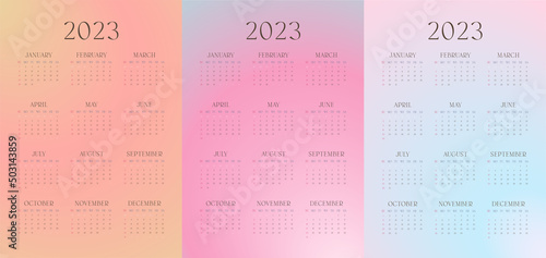 Wall creative 2023 year  one page calendar with blurred gradient. Colorful cute template for 12 months. Yearly cute fun 2023 calendar set.