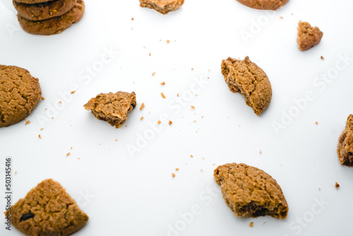 Chocolate chip cookies crack on isolated white background