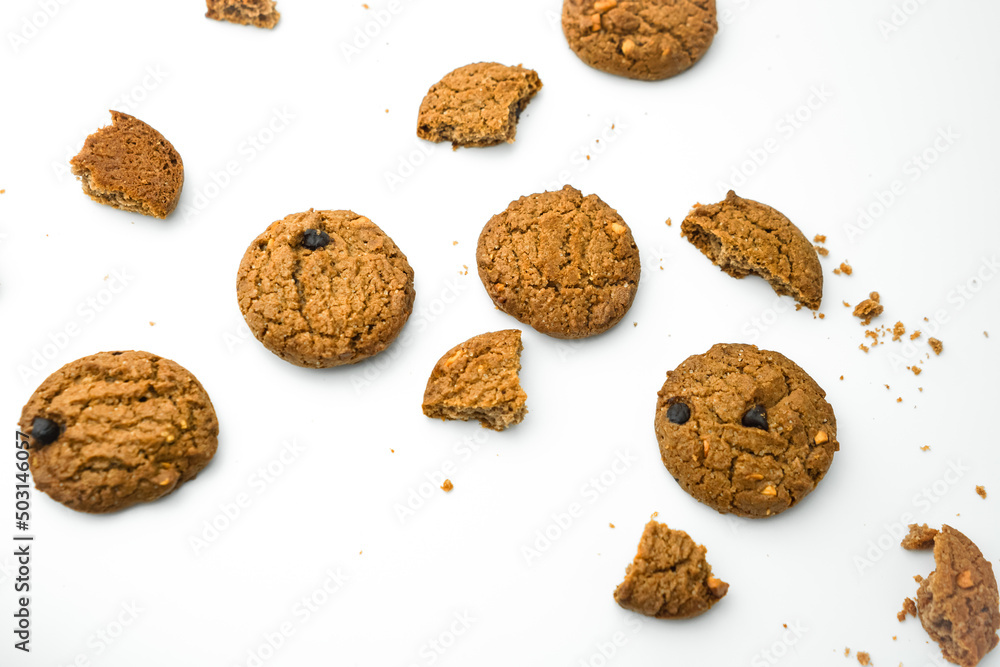 Chocolate chip cookies crack on isolated white background Chocolate chip cookies crack on isolated white background