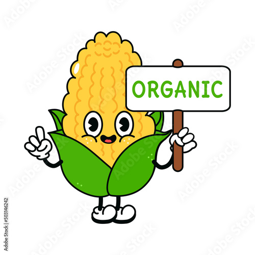 Cute funny corn with an inscription organic character. Vector hand drawn traditional cartoon vintage, retro, kawaii character illustration icon