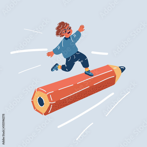 Vector illustration of Little smiling boy fly on pencil. Education concept. Happy young kid