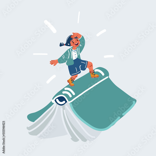 Vector illustration of Happy girl student flying on book
