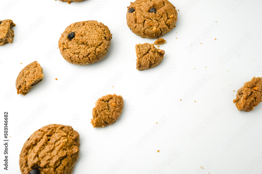 Chocolate chip cookies crack on isolated white background Chocolate chip cookies crack on isolated white background