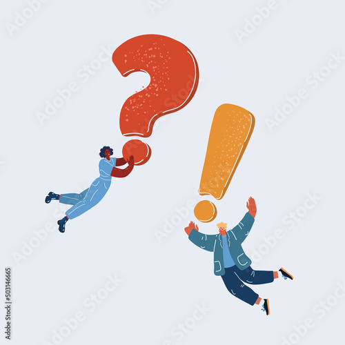 Vector illustration of man and woman flying with question and exclemation marks. FAQ. photo