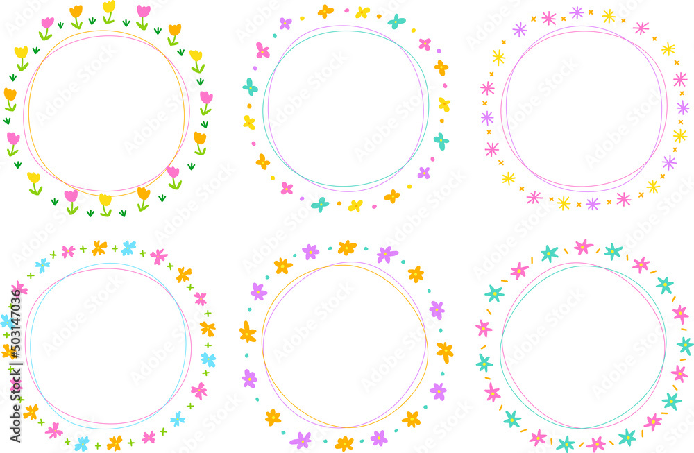 Cute Abstract Daisy Flower Circle Round Doodle Free Hand Drawing Drawn Line Borders Frames Wreath Plate Set Collection Flat Style Rainbow Colorful Background Vector Illustration Pack