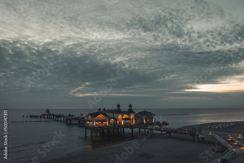 Beautiful view of Pier Sellin in the Baltic seaside resort of Sellin, Rugen, Germany at dawn photo