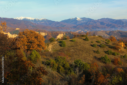 Aerial view of autumn forest in the Earth pyramids, Melnik, Bulgaria photo