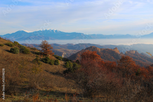 Aerial view of autumn forest in the Earth pyramids, Melnik, Bulgaria photo