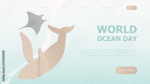World ocean day. Earth day. Whale and stingray top view. Template for website, landing page. Flat vector illustration. Take care for nature and cleaning nature from garbage poster concept