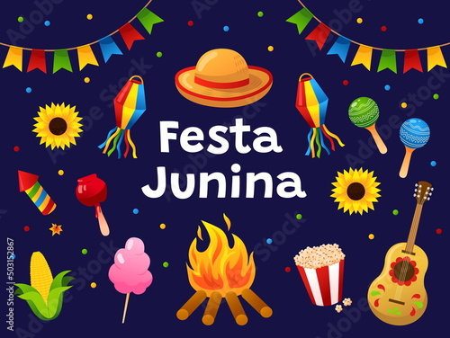 Festa Junina!  Brazilian Latin American festival. Set of guitar, garlands, flashlight, sunflower, campfire, food and isolated objects. Drawings for banner, card, poster. Vector Illustration.