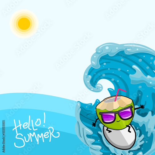 summer vector theme with surfing coconut character © deni BR