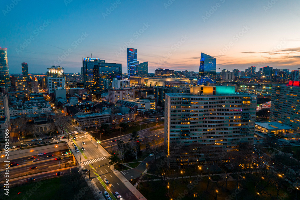 Fototapeta premium Aerial Drone View of Philadelphia Skyline at Dusk