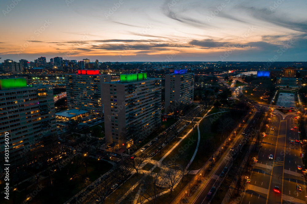 Aerial Drone View of Philadelphia Skyline at Dusk Aerial Drone View of Philadelphia Skyline at Dusk