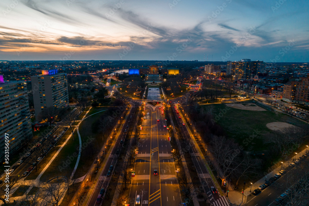 Aerial Drone View of Philadelphia Museum of Art at Sunset