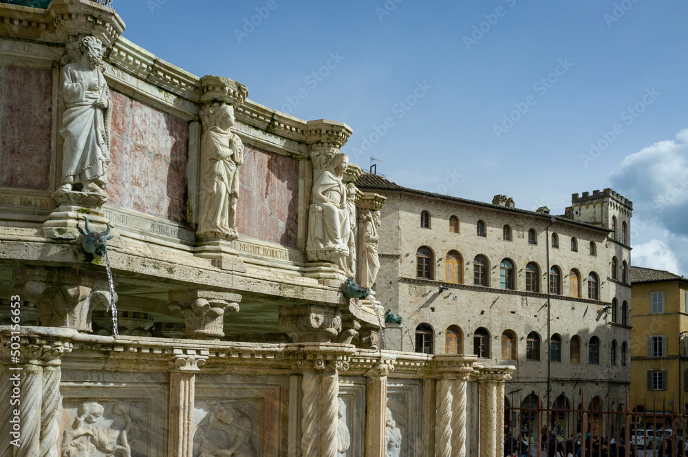 Detail of the Maggiore fountain (symbol monument of the city) in the old city centre of Perugia. Old etruscan, roman and medieval village, is the regional capital of Umbria (Center of Italy).