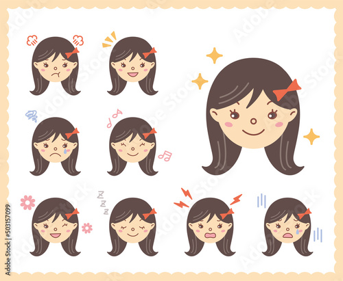 女性の喜怒哀楽の感情　顔アイコン　セット87