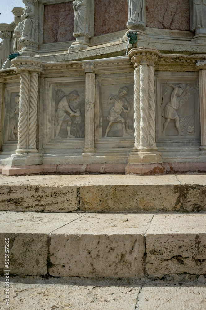 Naklejka premium Detail of the Maggiore fountain (symbol monument of the city) in the old city centre of Perugia. Old etruscan, roman and medieval village, is the regional capital of Umbria (Center of Italy).