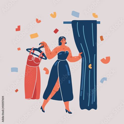 Vector illustration of Woman trying on new dress in fashion store fitting room. Happy female cartoon character in elegant clothes, choosing evening outfit appearance