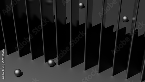 Balls roll over walls abstract.Concept design black background.3d render illustration. photo