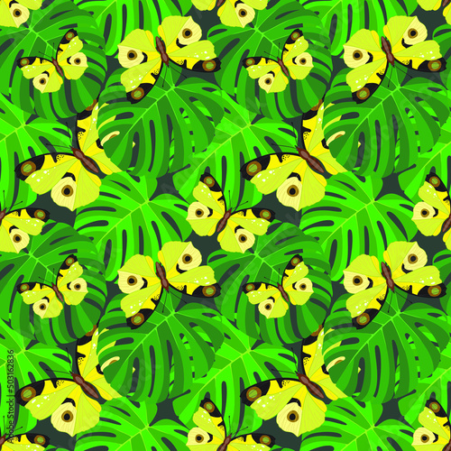 Beautiful bright yellow butterflies on round carved green leaves. Floral seamless pattern, dark background, vector illustration