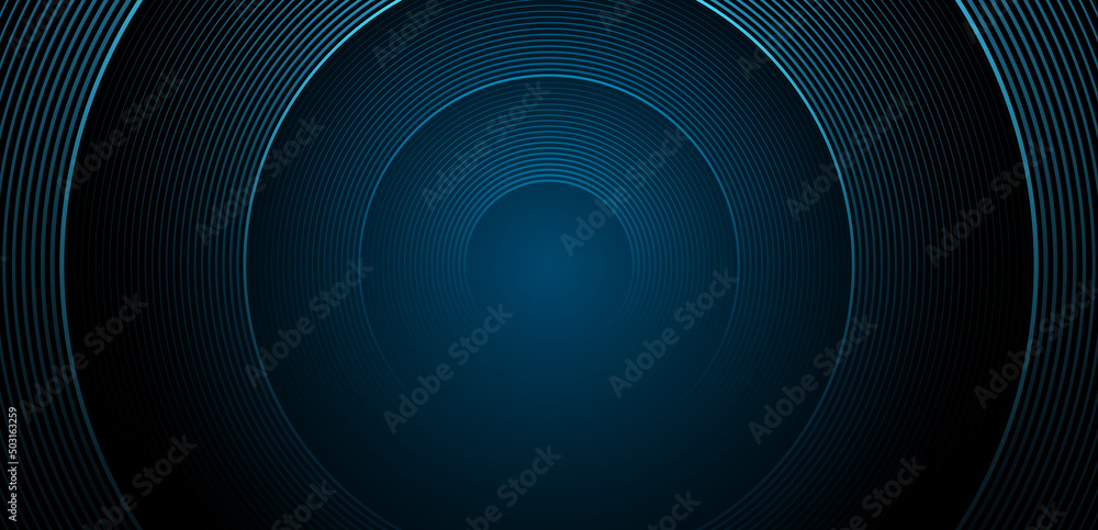 Abstract blue circle line stripes on dark blue background. Gradient halftone circle lines pattern. Dynamic geometric lines dimension. Modern graphic design element. Futuristic concept - obrazy, fototapety, plakaty 