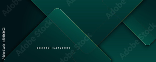 Dark green abstract background with gold lines and shadow. Geometric shape overlap layers. Transparent squares. Modern luxury rounded squares graphic pattern banner template design