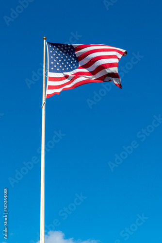 american flag on sky waving in the wind, vertical