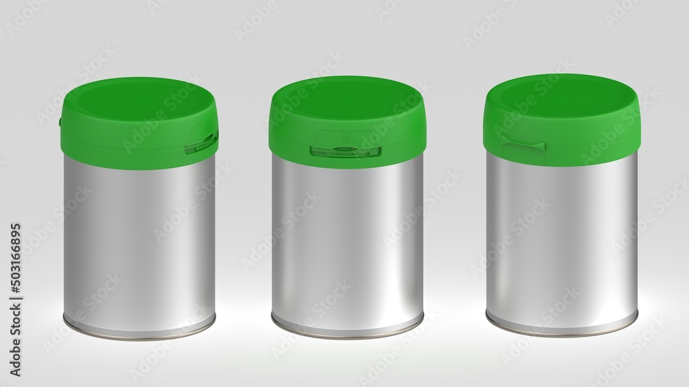 Milk Powder Tin Can Nutritional Food Packing White Plastic. Mock up of metal tin can with plastic cap for for baby powder milk, instant coffee, cereal etc. 3D Rendering Mock up Milk Powder Tin Can Nutritional Food Packing White Plastic. Mock up of metal tin can with plastic cap for for baby powder milk, instant coffee, cereal etc. 3D Rendering Mock up